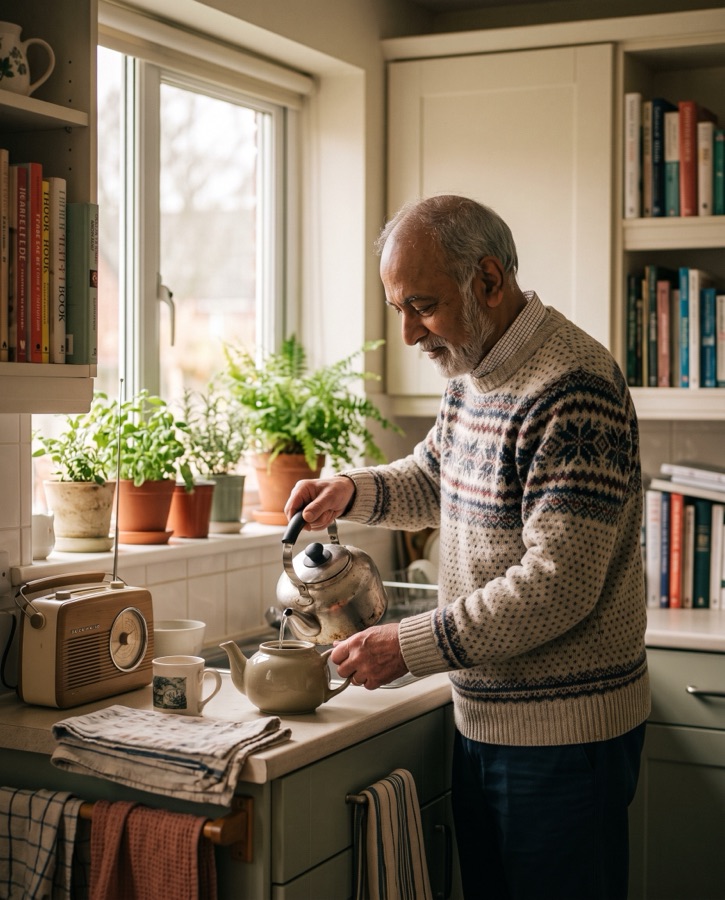 Her father making tea in his own kitchen, at home and capable