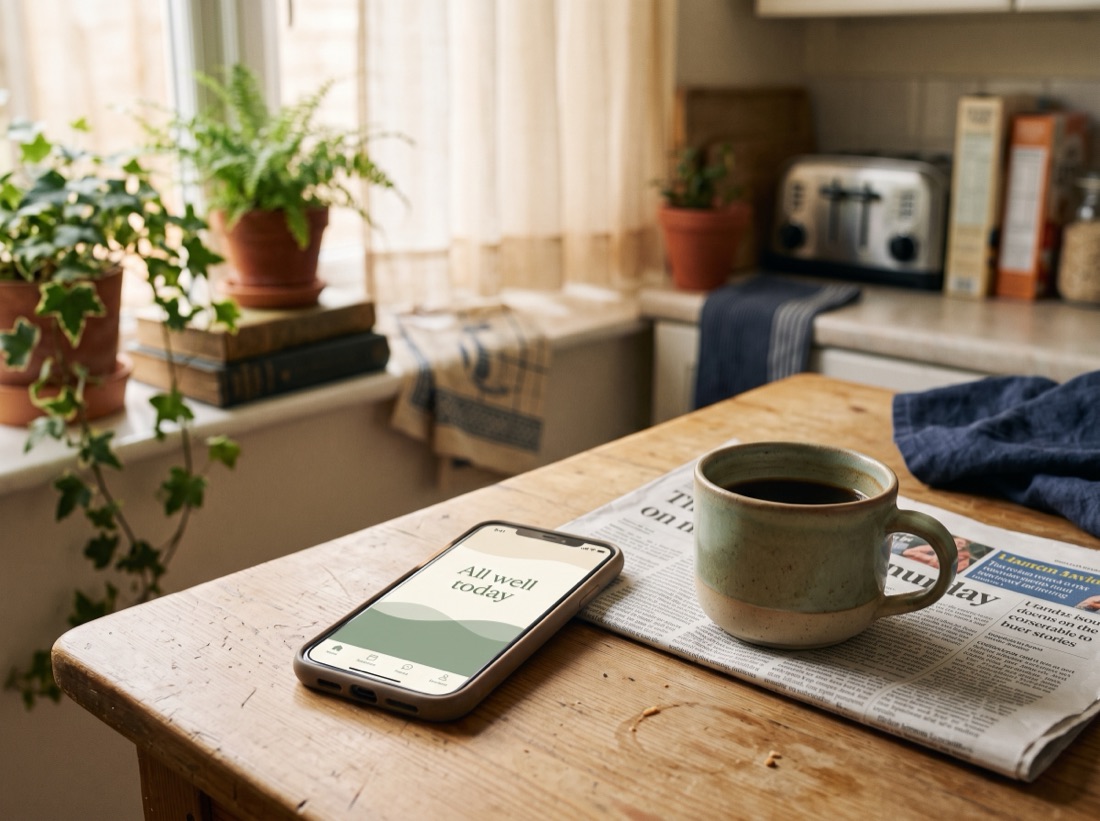 The Neare app open on a phone on a kitchen table over morning coffee