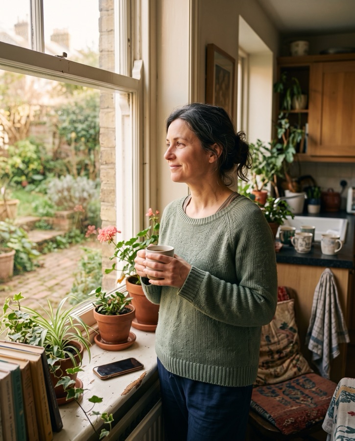 A daughter at her kitchen window with a mug of tea, unhurried