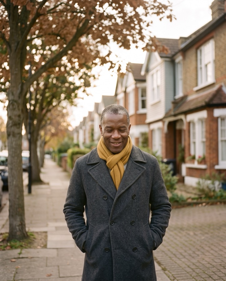 An adult son out for a walk on his own street, at ease
