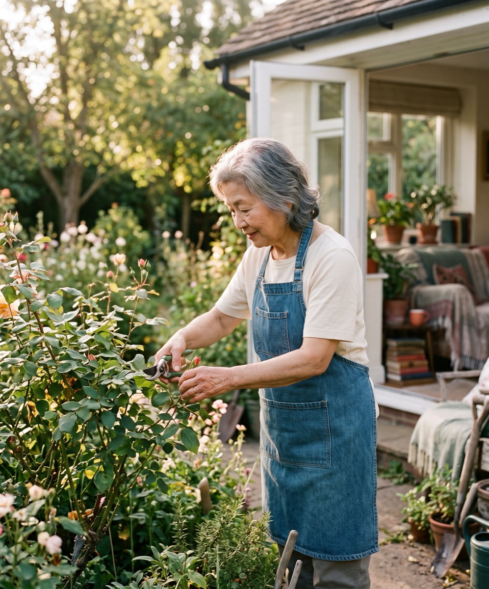 Her mother pruning roses in her own garden in the evening light