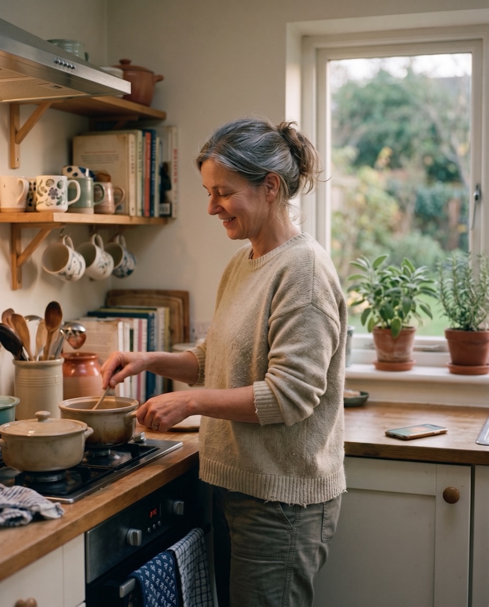 An adult daughter cooking in her own kitchen, unhurried