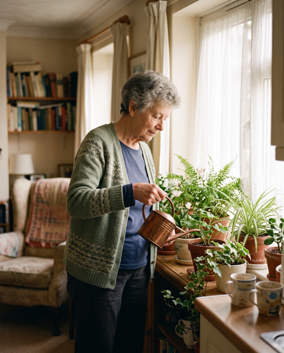 Her mother watering plants in her own bright sitting room