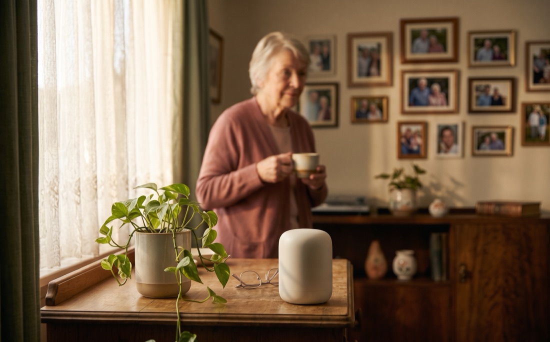 The Neare sensor on a sideboard at home, beside a wall of framed photographs
