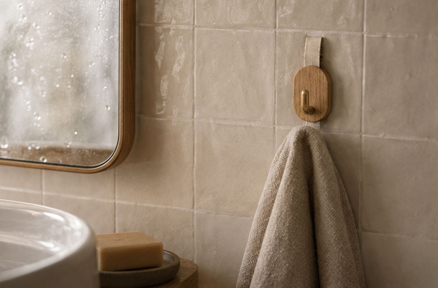An oak wall hook with a brass hook on glazed tile, holding a linen hand towel.