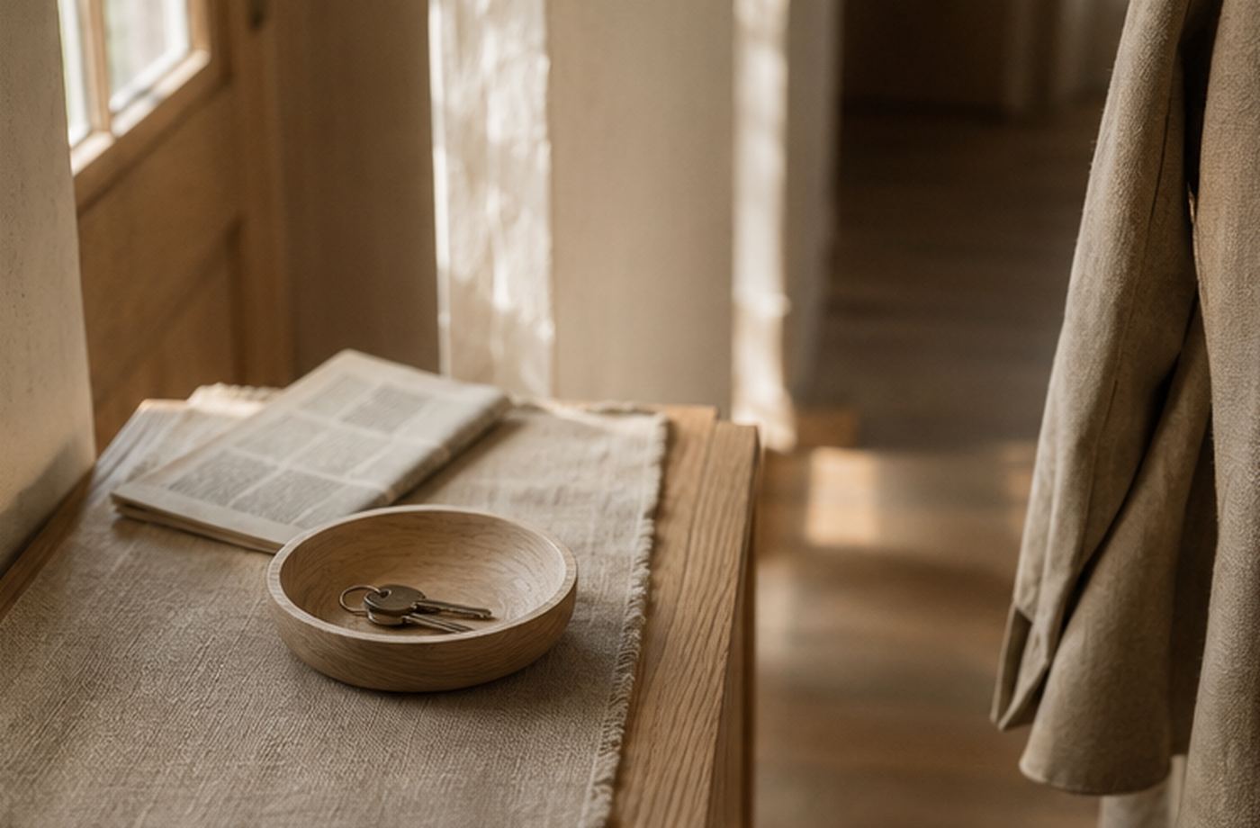 A shallow oak bowl holding keys on a console table beside a front door.
