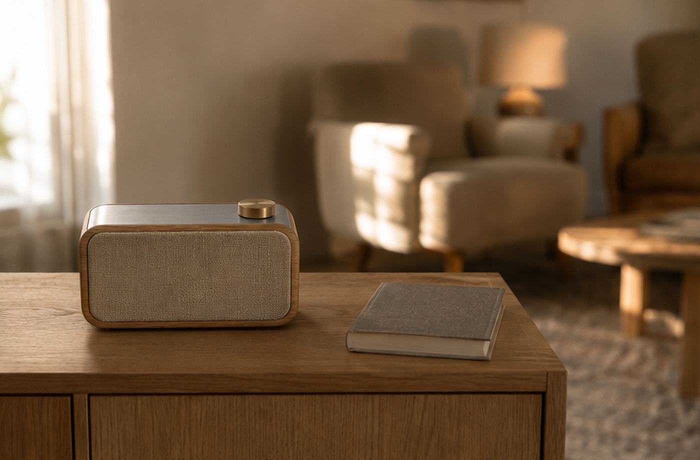A small oak speaker with a linen face and a brass dial on an oak sideboard.